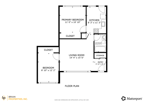 Floor plan for 2 beds, 1 bath, 700 sqft